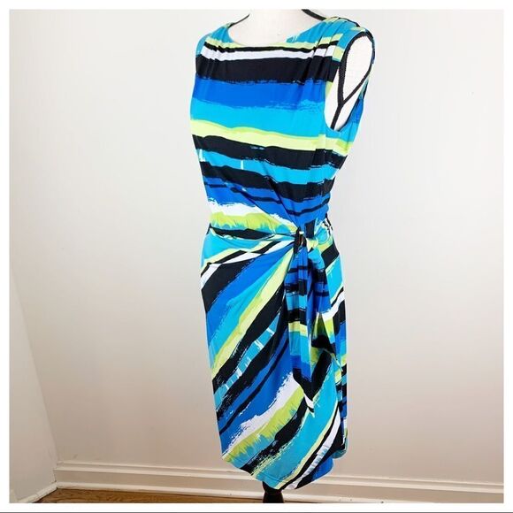 Tahari Bright Blue Multi Striped Side Draped Sleeveless Work Party Dress Sz 8 - Picture 3 of 13